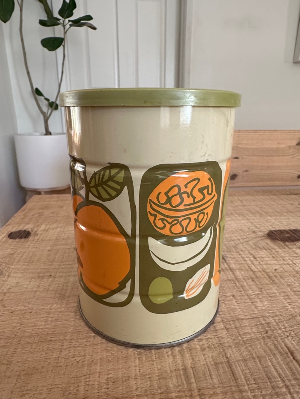 Vintage Retro Mid Century Green Yellow Metal Tin Canister Fruit Print